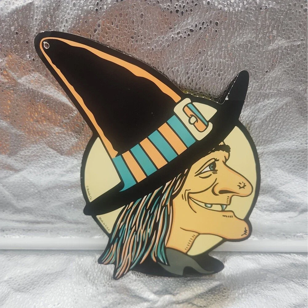 Die Cut Witch Head With Moon Beistle Double Sided 70s And Pumpkin VTG Halloween